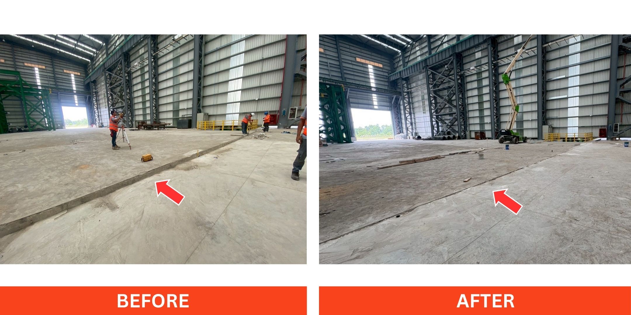 ภาพก่อนและหลังซ่อมแซมพื้นโรงงานทรุด