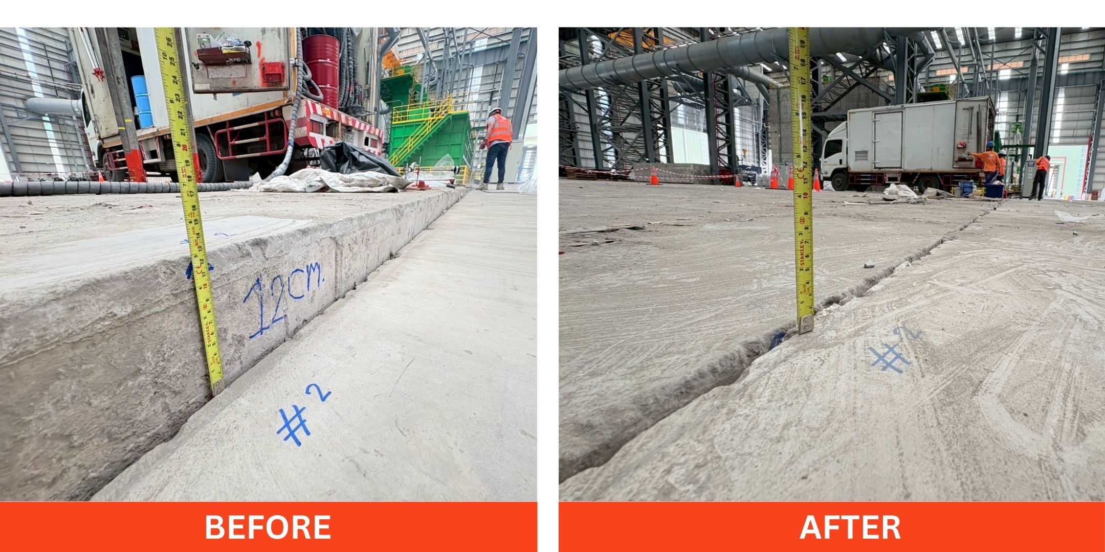 ภาพก่อนและหลังซ่อมแซมพื้นโรงงานทรุด