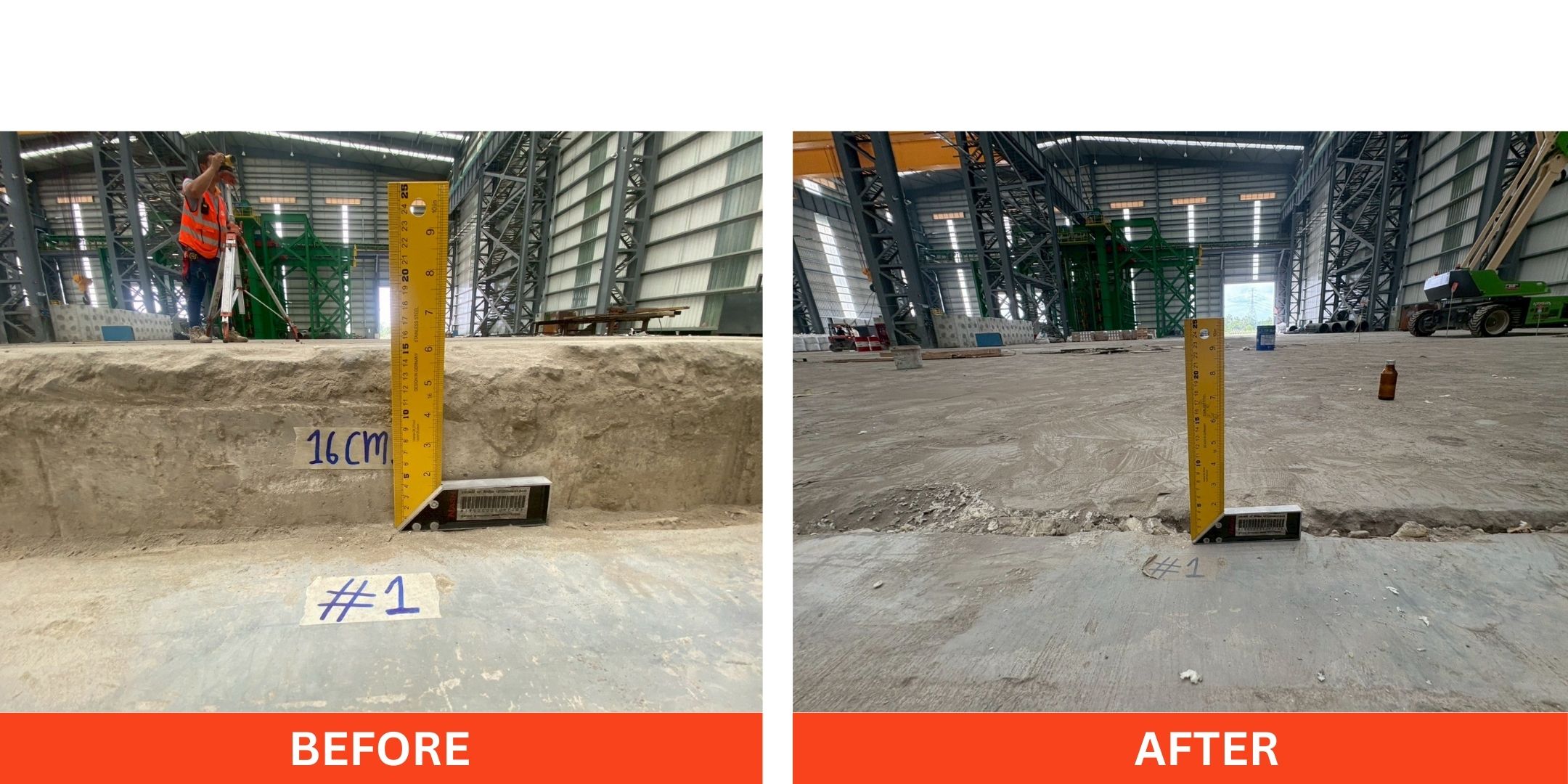 ภาพก่อนและหลังซ่อมแซมพื้นโรงงานทรุด