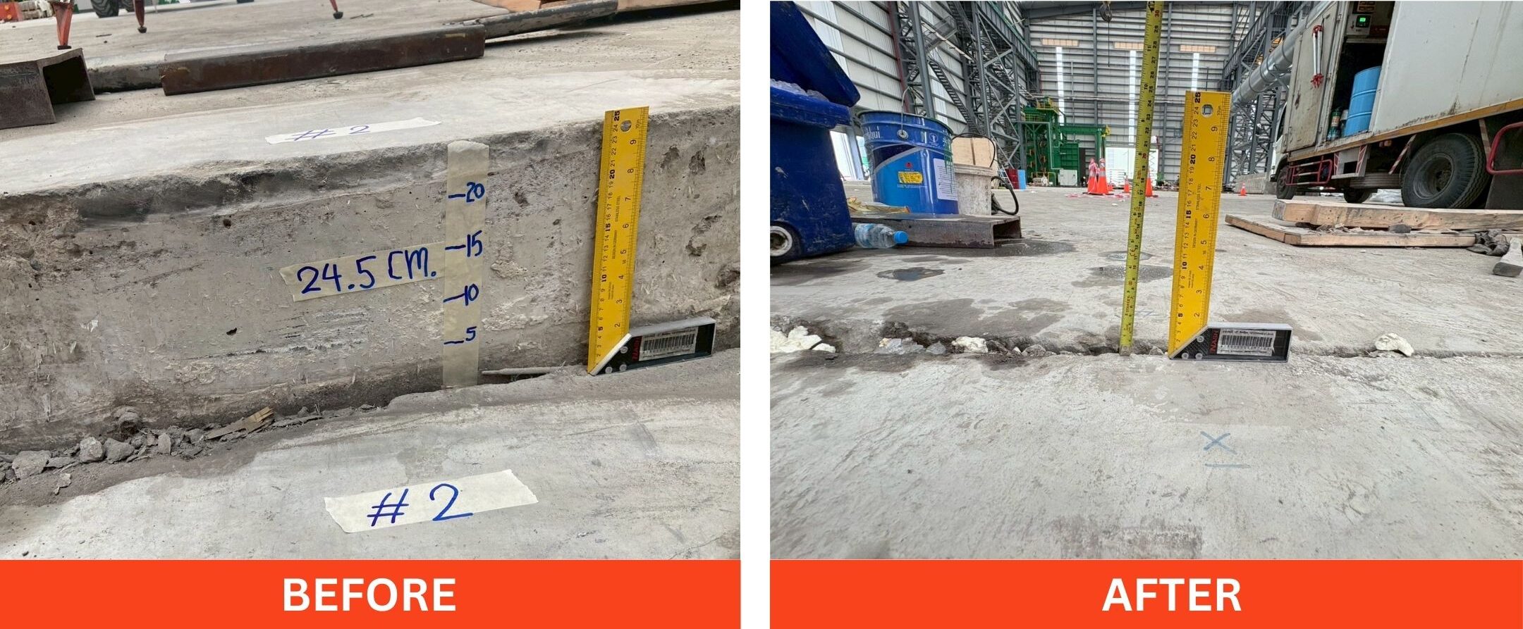 ภาพก่อนและหลังซ่อมแซมพื้นโรงงานทรุด