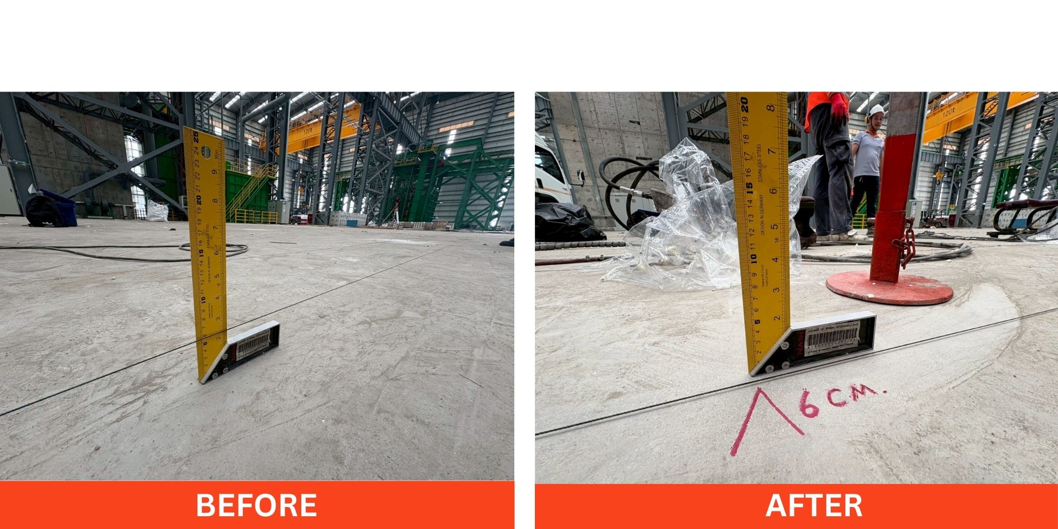 ภาพก่อนและหลังซ่อมแซมพื้นโรงงานทรุด